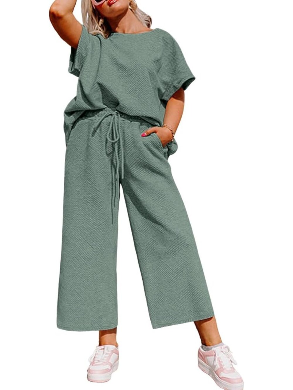 Plus Size Women's Casual Sweatsuit Set | Short Sleeve Top & High Waist Pants 2PC